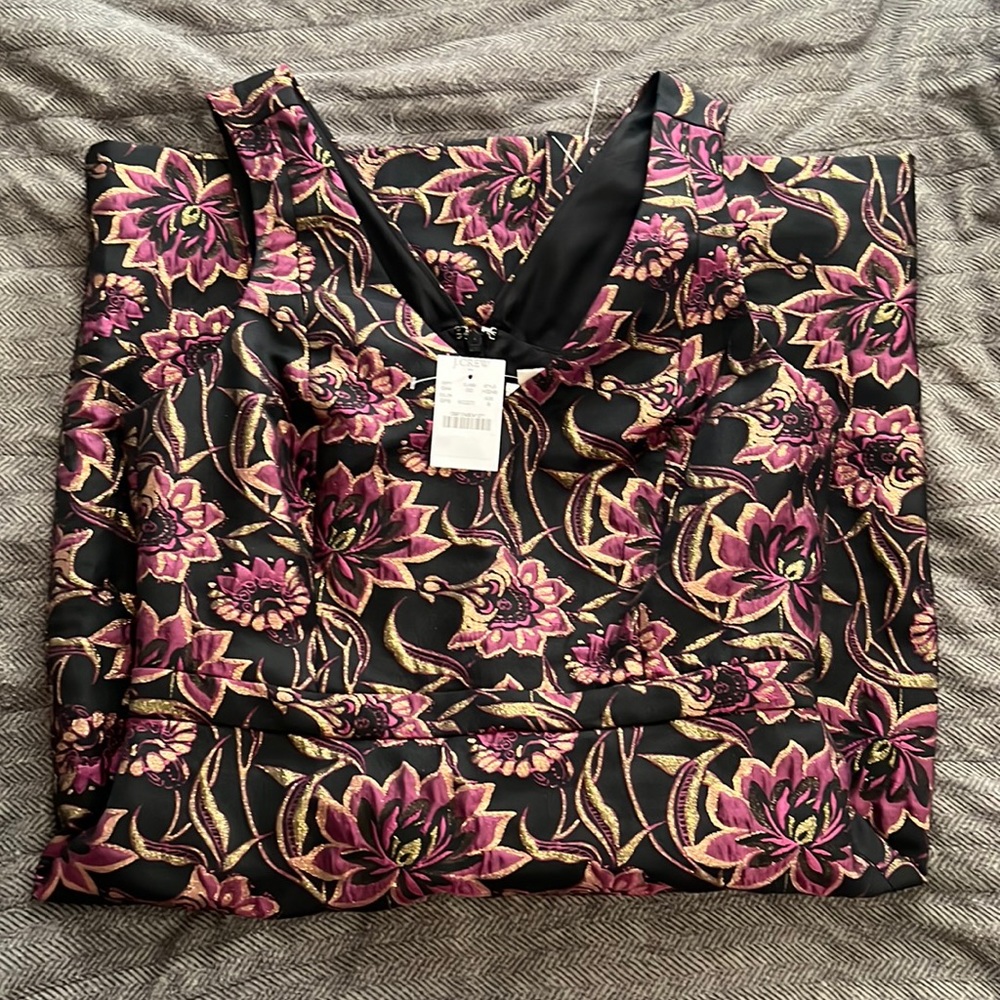Pink Black Gold Jacquard V-neck cocktail dress J Crew